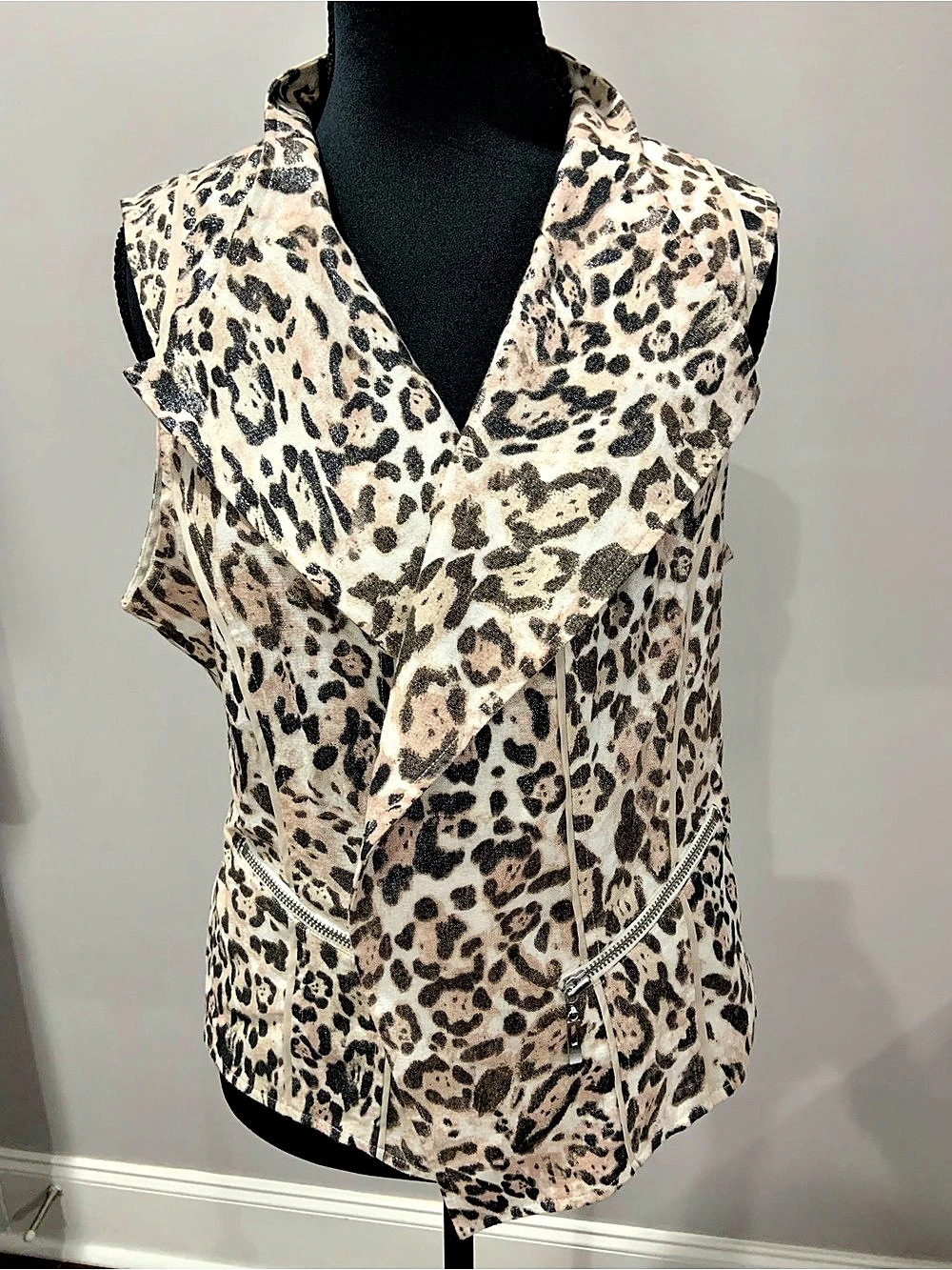 Chico's Leopard Print Linen Blend Metallic Vest Animal Print Brown & Black Size